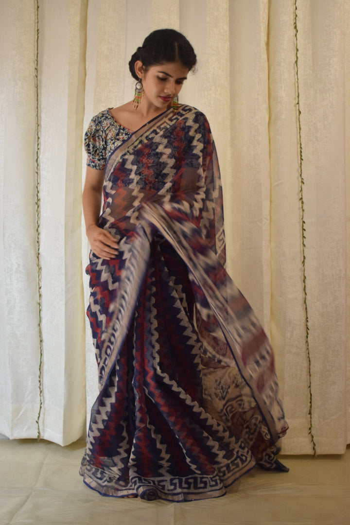 Viyā: Maroon & Indigo Kota Doria Saree