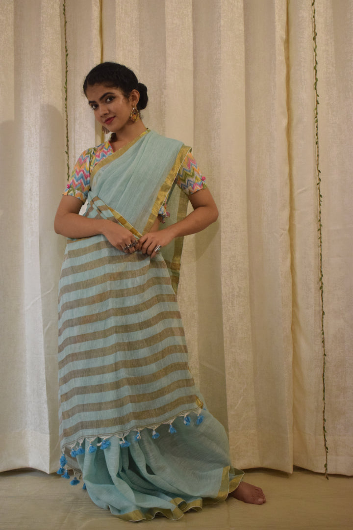 Gaganasri: Sky Blue Linen Saree