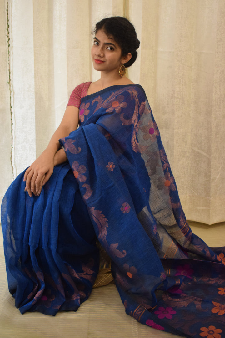 Sindhura- Blue Linen Jamdani Saree