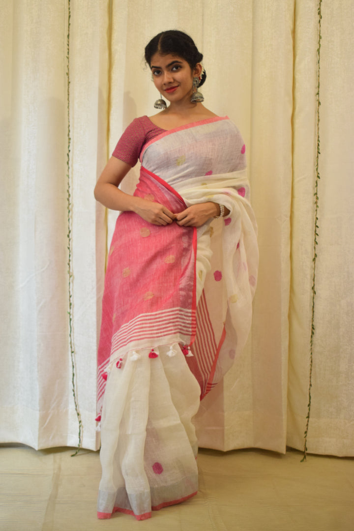 Chandrika: Porcelain White Linen Jamdani Saree