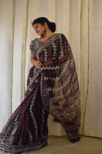 Viyā: Maroon & Indigo Kota Doria Saree