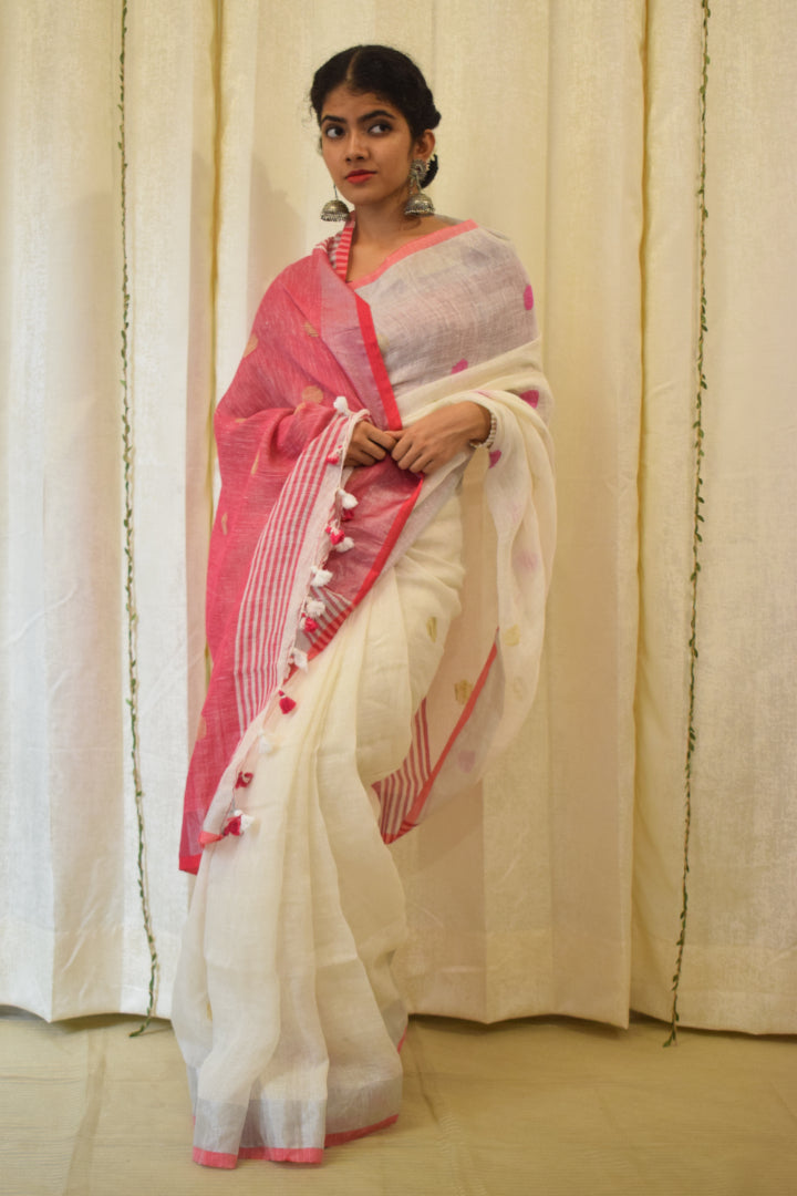 Chandrika: Porcelain White Linen Jamdani Saree