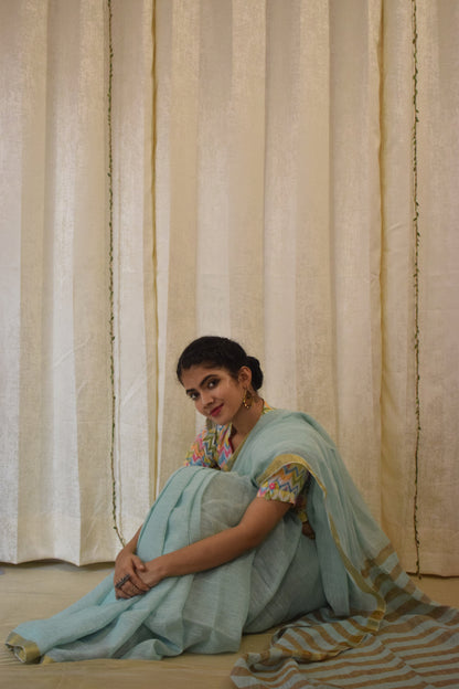 Gaganasri: Sky Blue Linen Saree