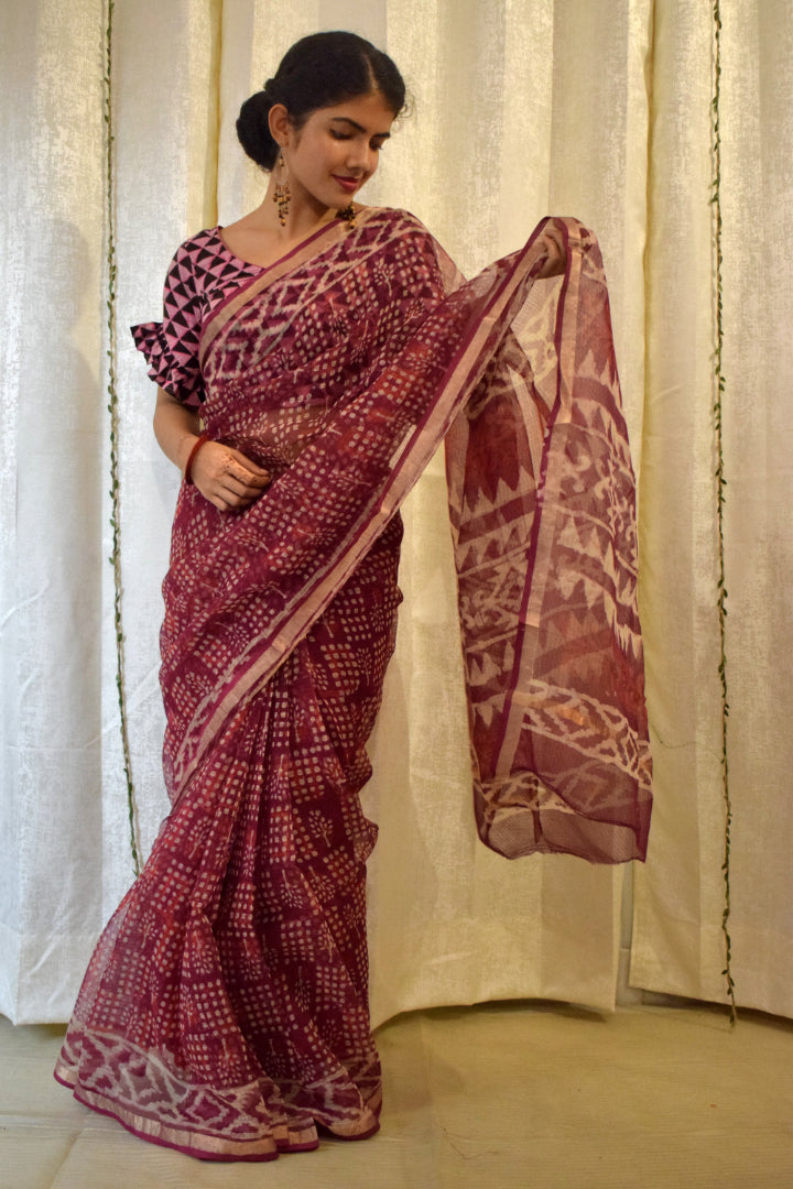 Amodini: Burgundy Red Kota Doria Saree