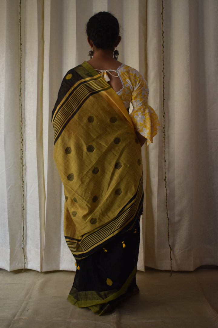 Manasvi- Black & Yellow Cotton-Linen Jamdani saree