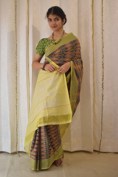 Urvija: Terracota & Yellow Cotton Pochampally Ikat Saree