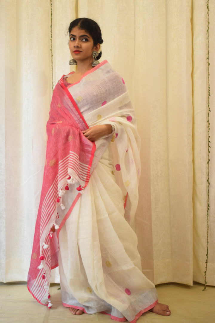 Chandrika: Porcelain White Linen Jamdani Saree