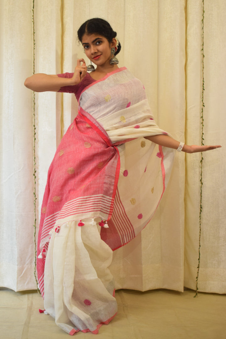 Chandrika: Porcelain White Linen Jamdani Saree