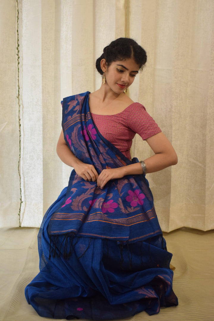 Sindhura- Blue Linen Jamdani Saree