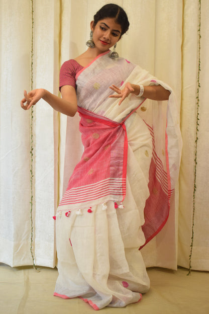 Chandrika: Porcelain White Linen Jamdani Saree