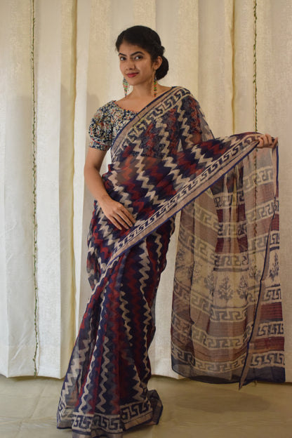 Viyā: Maroon & Indigo Kota Doria Saree