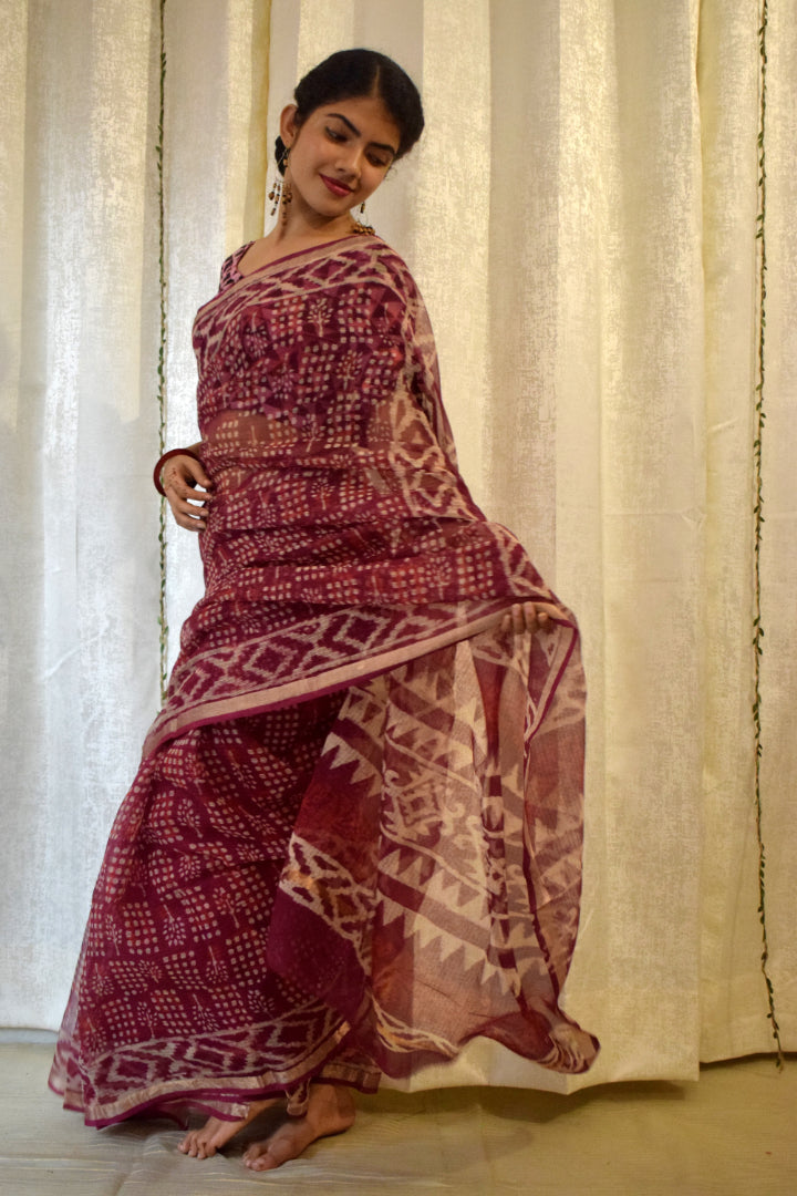 Amodini: Burgundy Red Kota Doria Saree