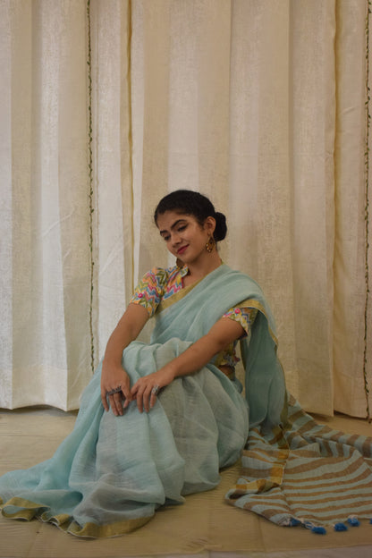 Gaganasri: Sky Blue Linen Saree