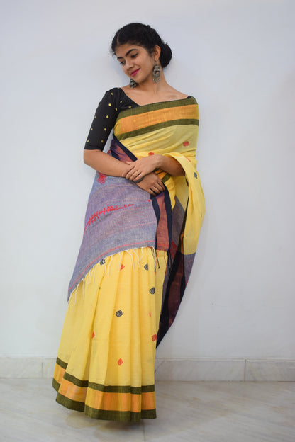 Tānisi- Yellow Khadi Cotton Jamdani Saree