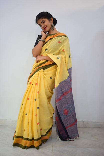 Tānisi- Yellow Khadi Cotton Jamdani Saree