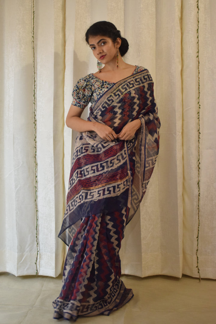 Viyā: Maroon & Indigo Kota Doria Saree