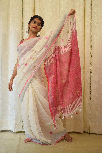 Chandrika: Porcelain White Linen Jamdani Saree