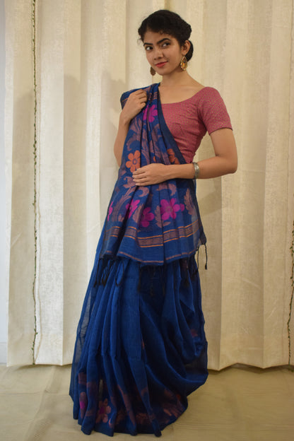 Sindhura- Blue Linen Jamdani Saree