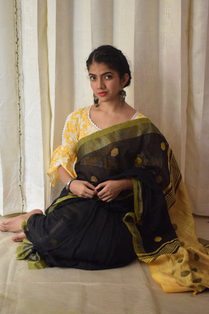 Manasvi- Black & Yellow Cotton-Linen Jamdani saree