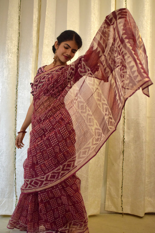 Amodini: Burgundy Red Kota Doria Saree