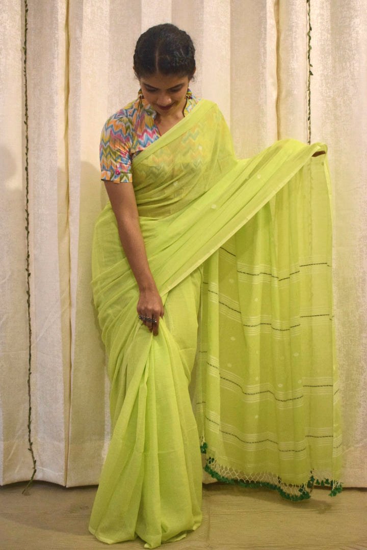 Jeevitha: Green Mulmul Buti Saree