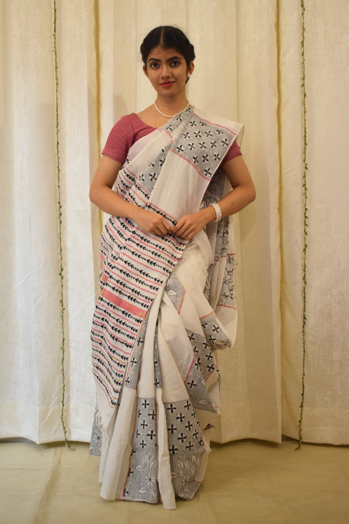 Kairavi:  Ivory White Khadi Cotton Kantha Saree