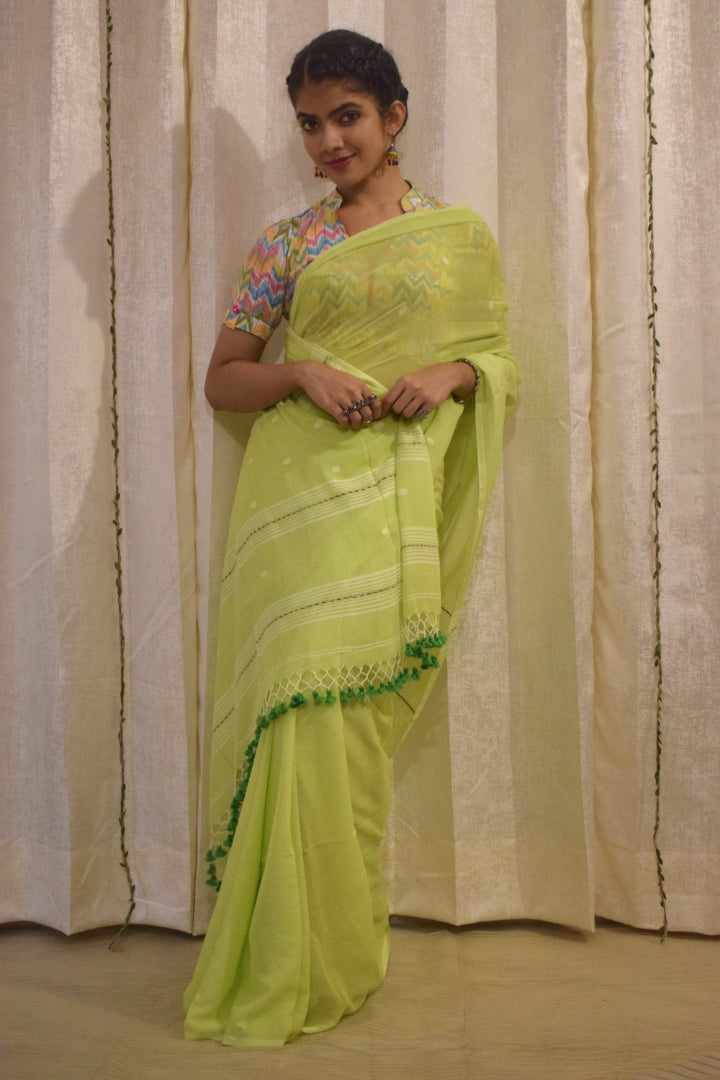 Jeevitha: Green Mulmul Buti Saree