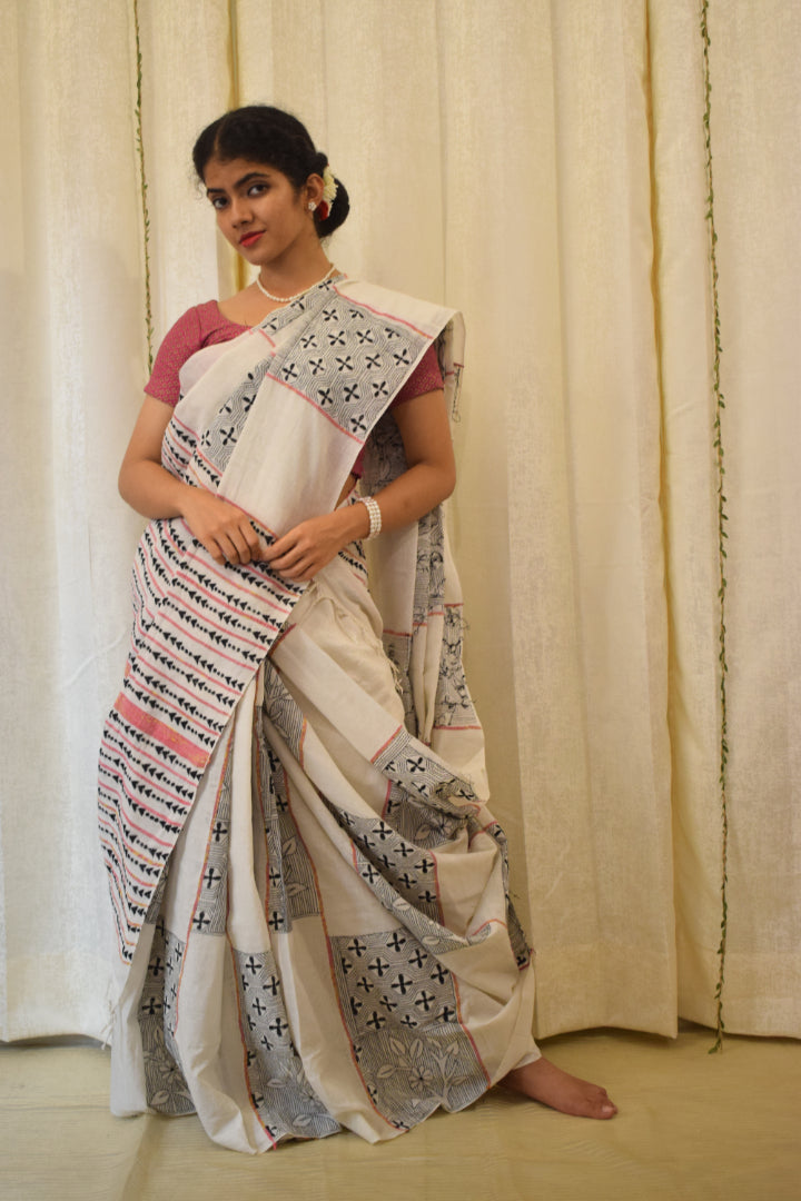 Kairavi:  Ivory White Khadi Cotton Kantha Saree