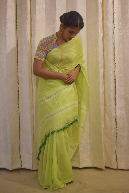 Jeevitha: Green Mulmul Buti Saree