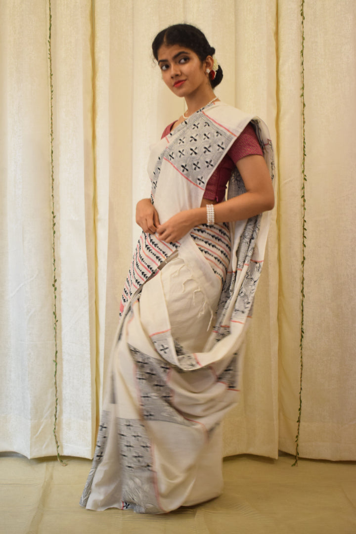 Kairavi:  Ivory White Khadi Cotton Kantha Saree