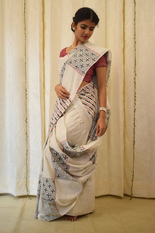 Kairavi:  Ivory White Khadi Cotton Kantha Saree