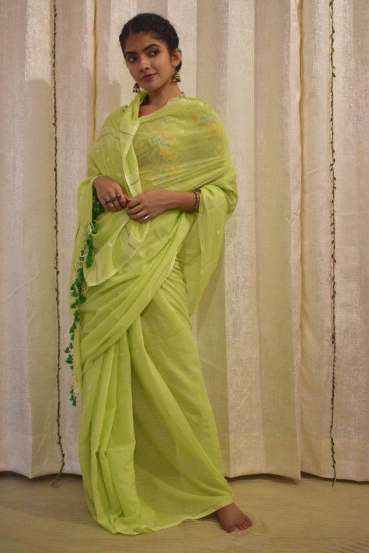 Jeevitha: Green Mulmul Buti Saree