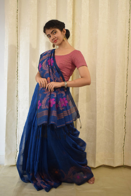 Sindhura- Blue Linen Jamdani Saree