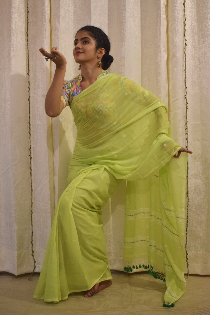 Jeevitha: Green Mulmul Buti Saree