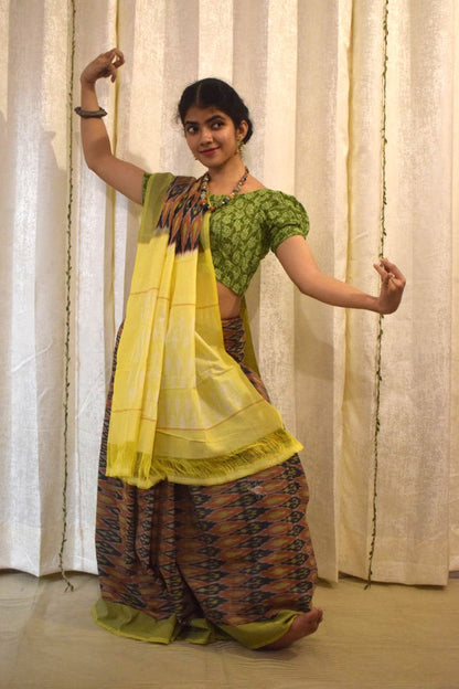 Urvija: Terracota & Yellow Cotton Pochampally Ikat Saree