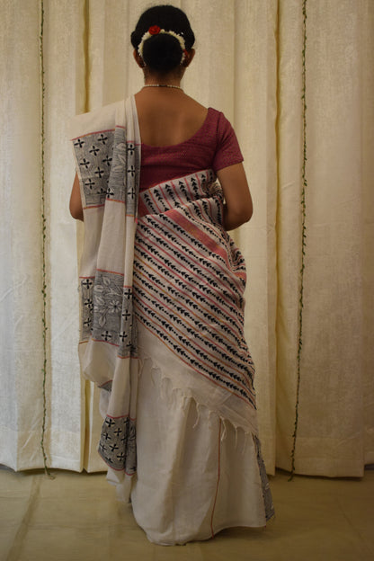 Kairavi:  Ivory White Khadi Cotton Kantha Saree