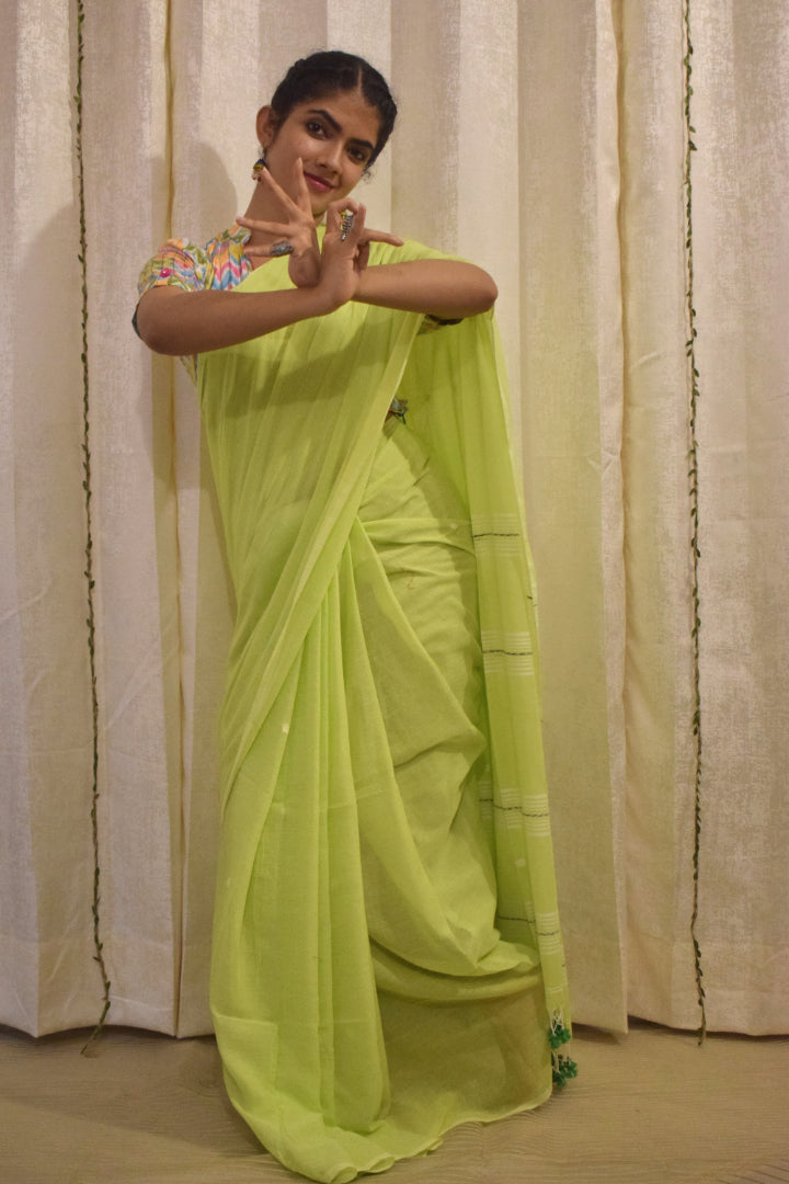 Jeevitha: Green Mulmul Buti Saree