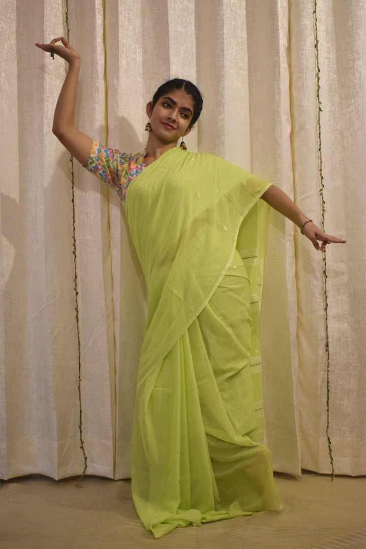 Jeevitha: Green Mulmul Buti Saree