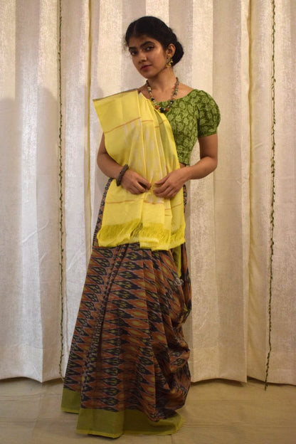 Urvija: Terracota & Yellow Cotton Pochampally Ikat Saree