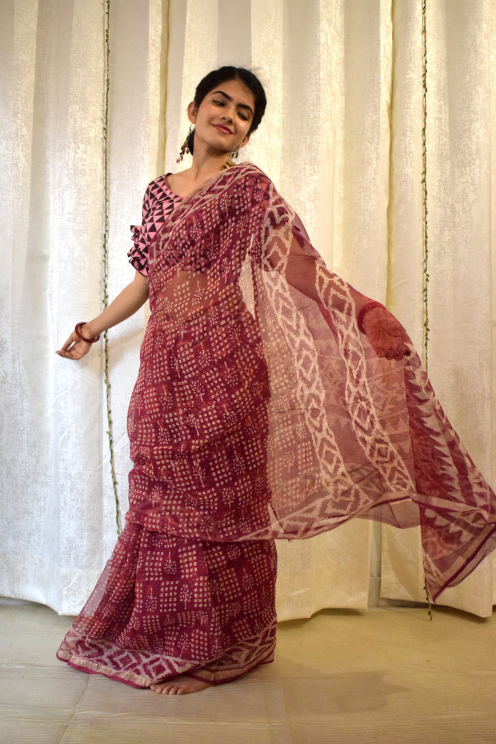 Amodini: Burgundy Red Kota Doria Saree