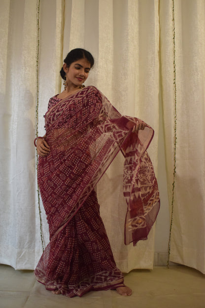 Amodini: Burgundy Red Kota Doria Saree