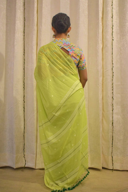 Jeevitha: Green Mulmul Buti Saree