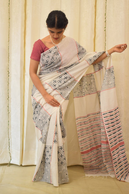 Kairavi:  Ivory White Khadi Cotton Kantha Saree