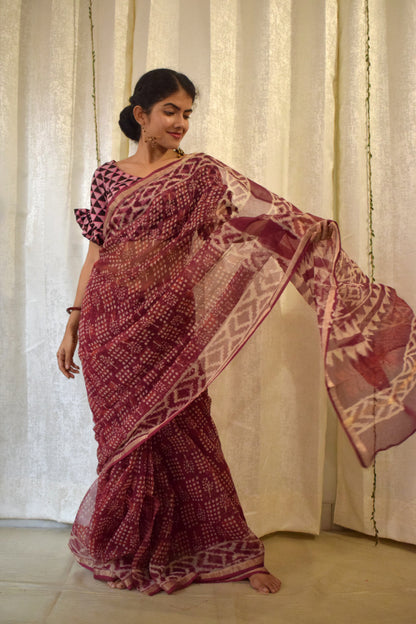 Amodini: Burgundy Red Kota Doria Saree