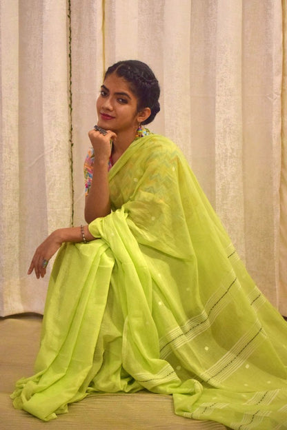 Jeevitha: Green Mulmul Buti Saree