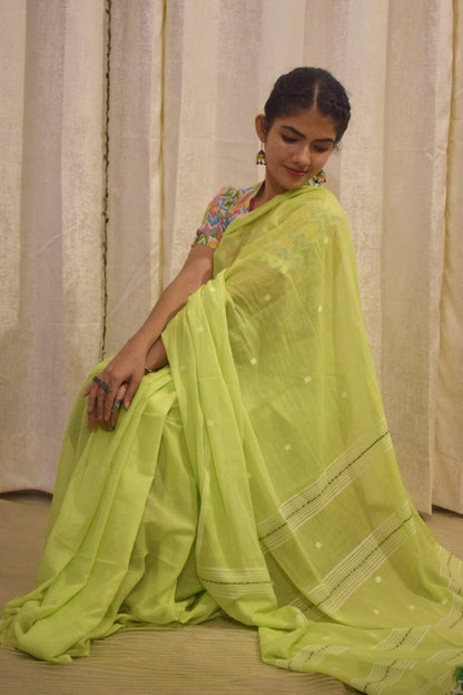 Jeevitha: Green Mulmul Buti Saree