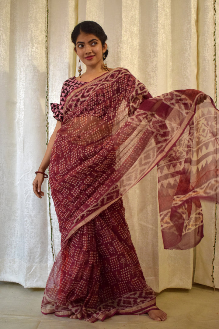 Amodini: Burgundy Red Kota Doria Saree