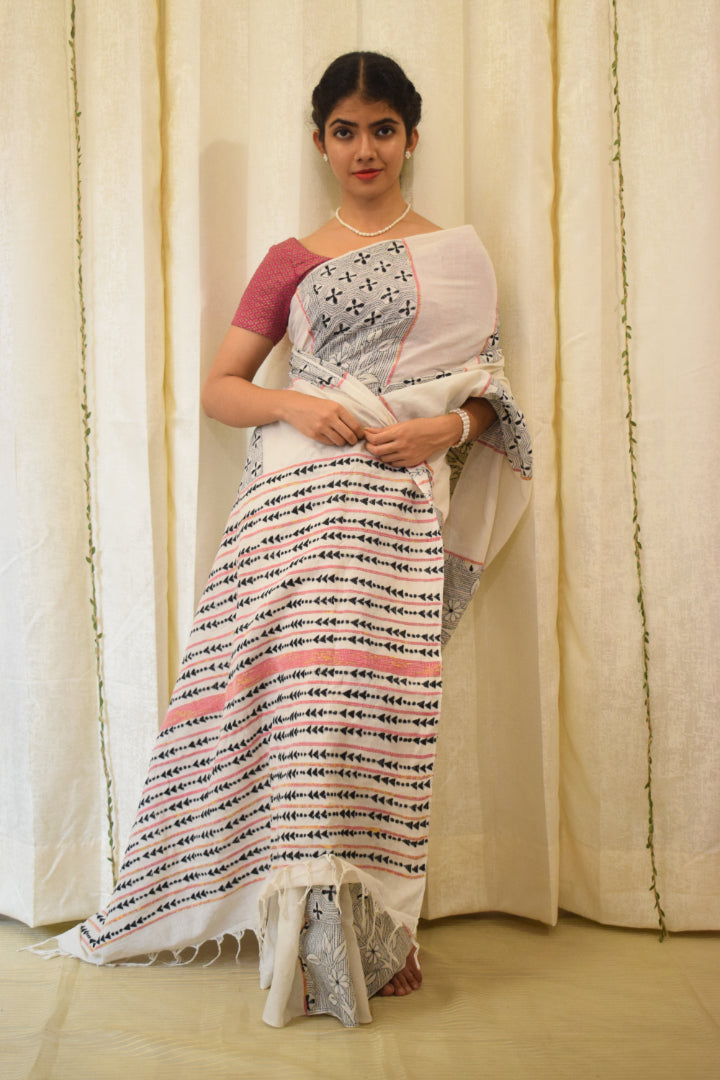 Kairavi:  Ivory White Khadi Cotton Kantha Saree