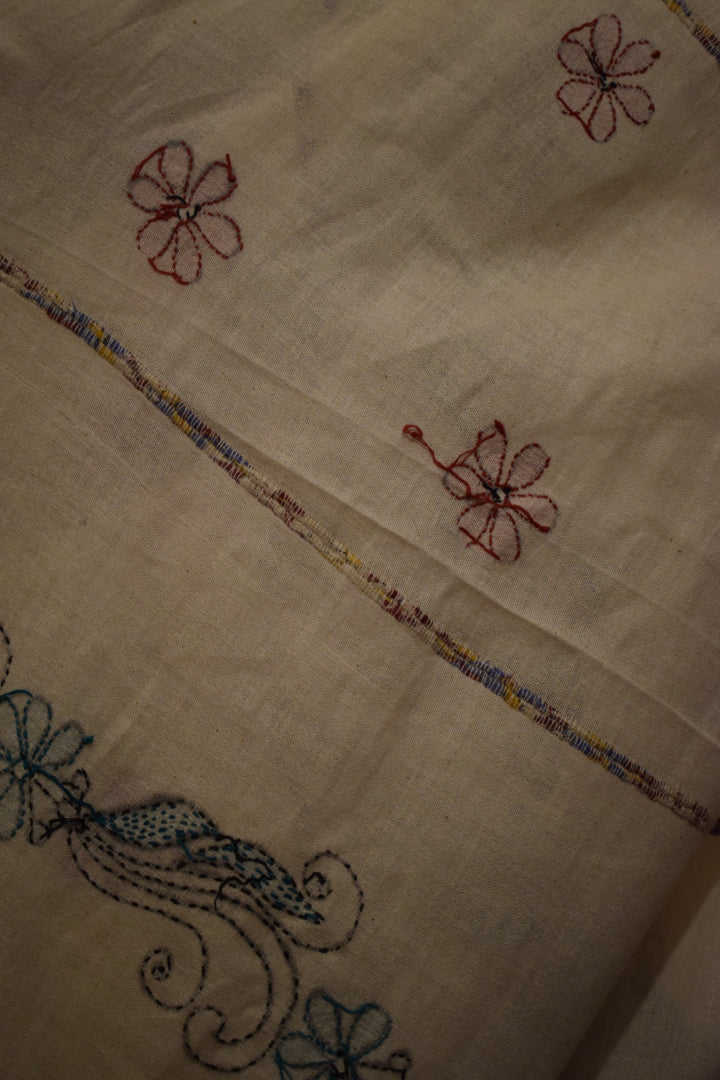 Pranavi: Pearl White Khadi Cotton Kantha Saree