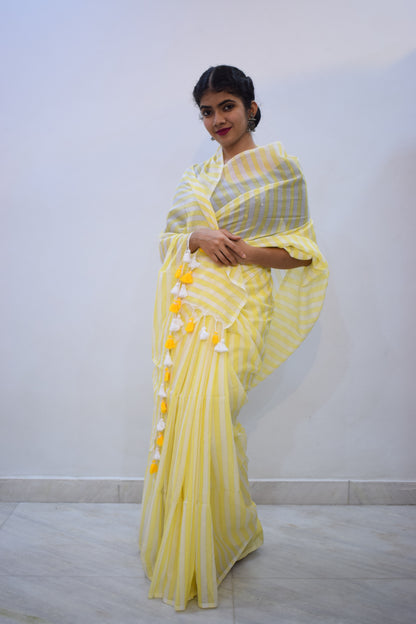 Varadā- Yellow & White Mulmul Stripes Saree